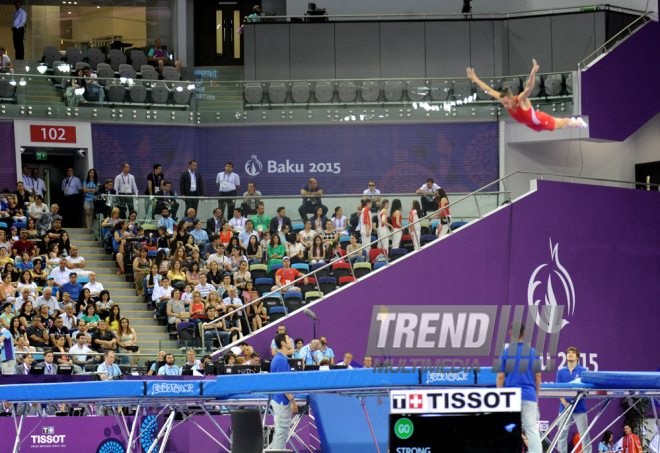 Bakı-2015 Avropa Oyunları çərçivəsində batut gimnastikası üzrə kişilər və qadınlar arasında təsnifat yarışları. Azərbaycan, 17 iyun 2015 